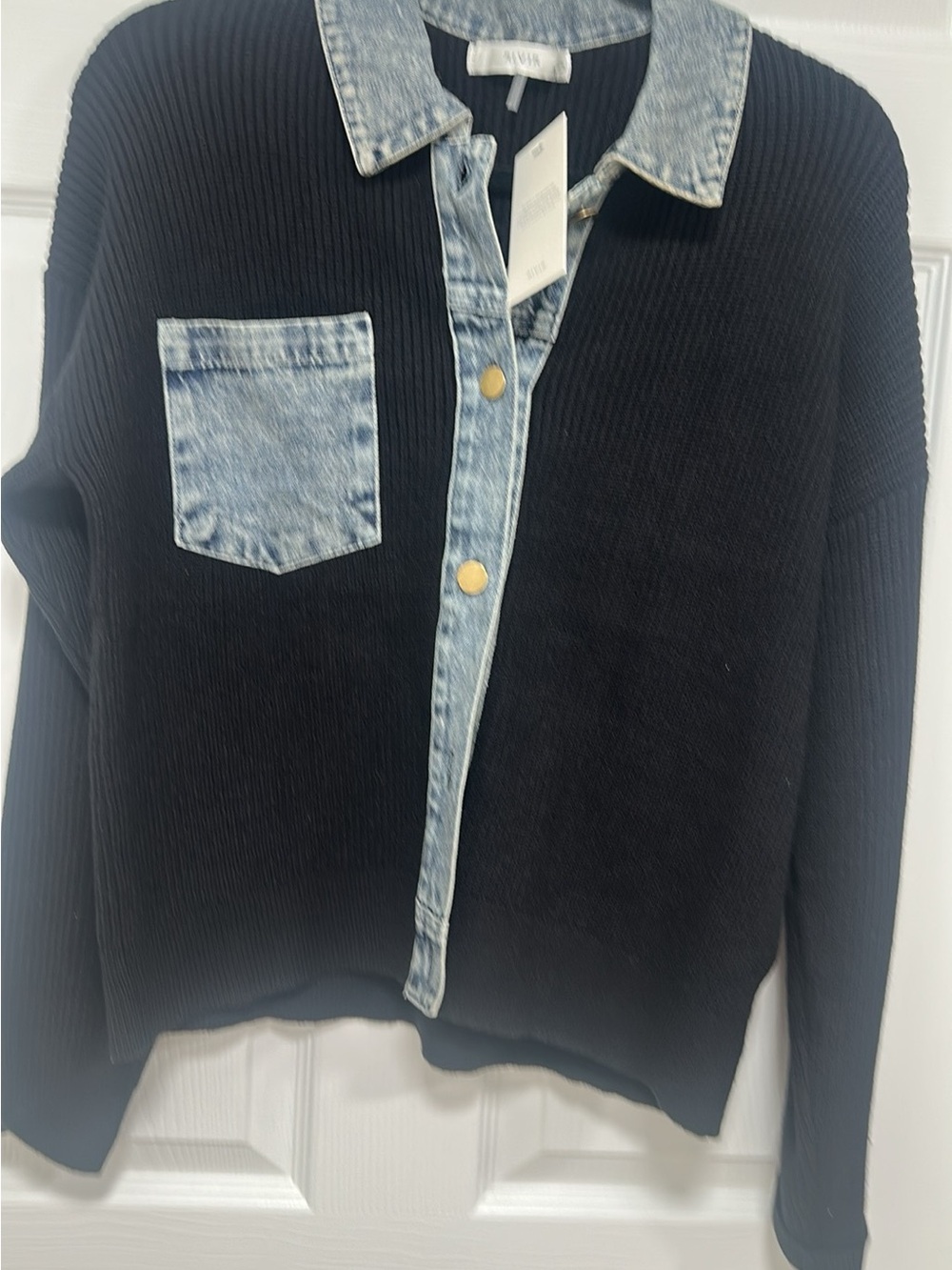 RIVR Black Ribbed Sweater with Denim-Trim Collar and Pocket